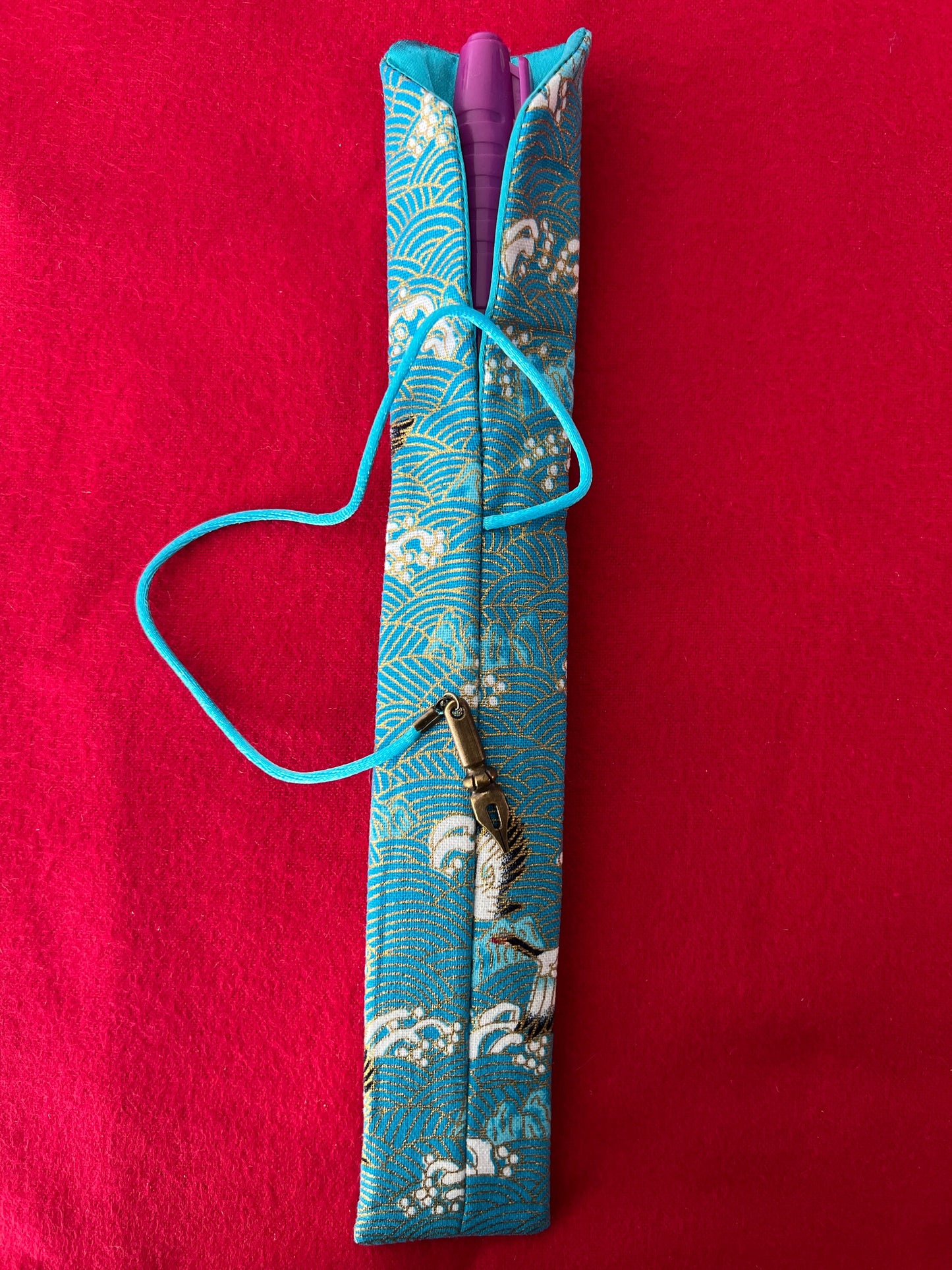 Teal Cranes - Single Pen Kimono Case with Soft Luxurious Satin Interior