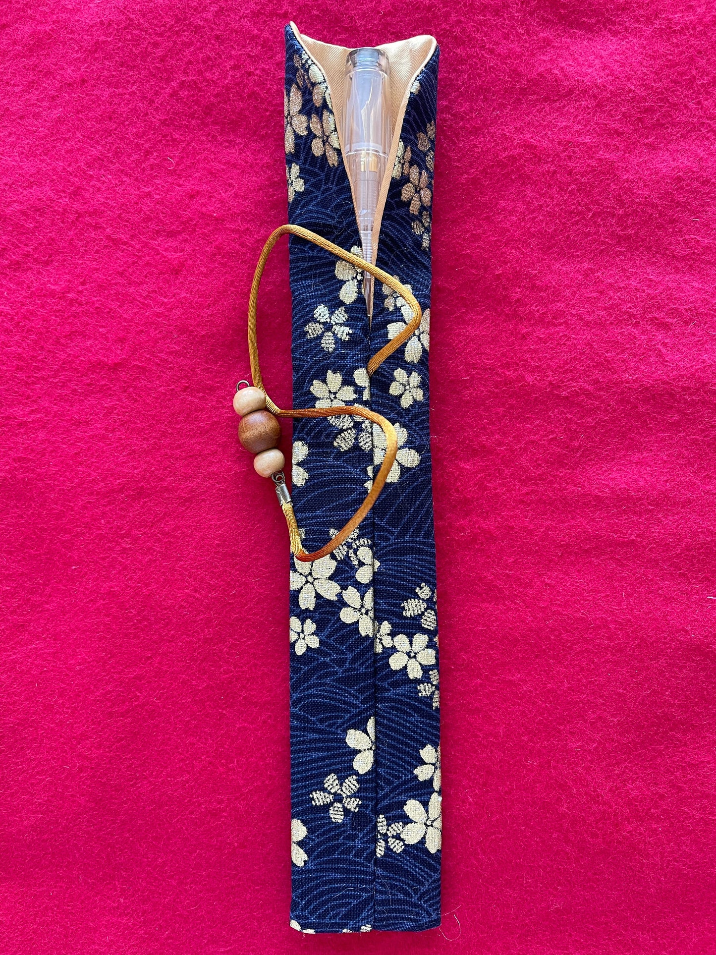 Blue/Gold Sakura - Single Pen Kimono Case with Soft Luxurious Satin Interior