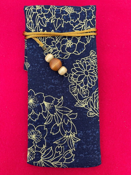 Blue/Gold Flowers - Double Pen Kimono Case with Soft Luxurious Satin Interior
