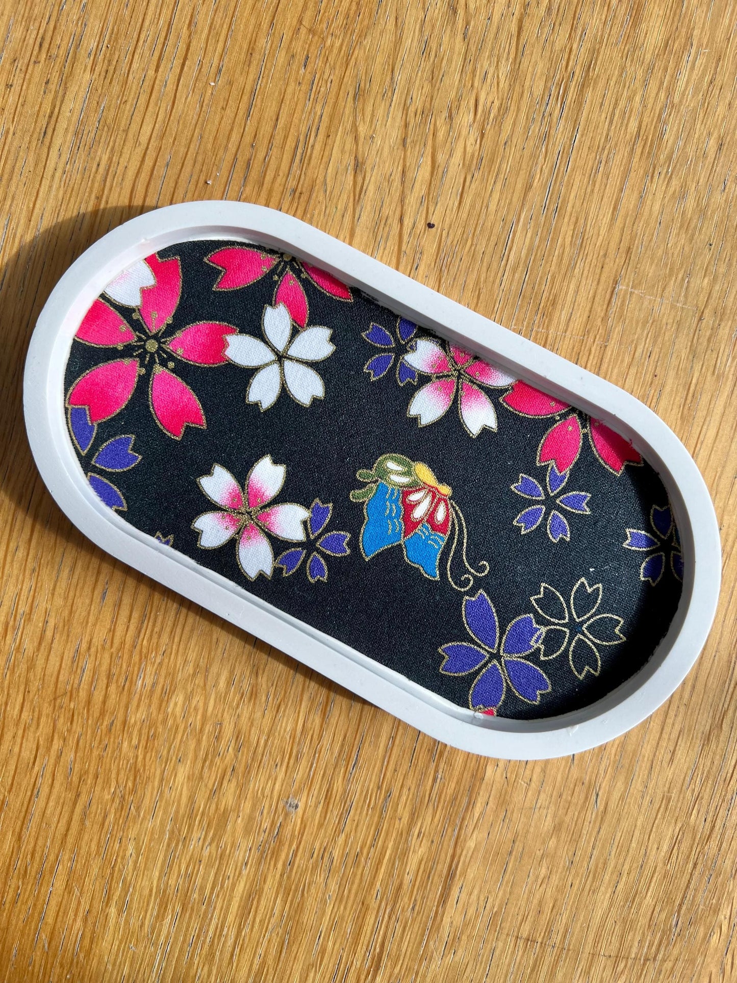 Bright Flowers Eco-Resin Oval Tray with Pen Rest | Japanese Fabric Inlay | Handmade in USA | Water-Resistant