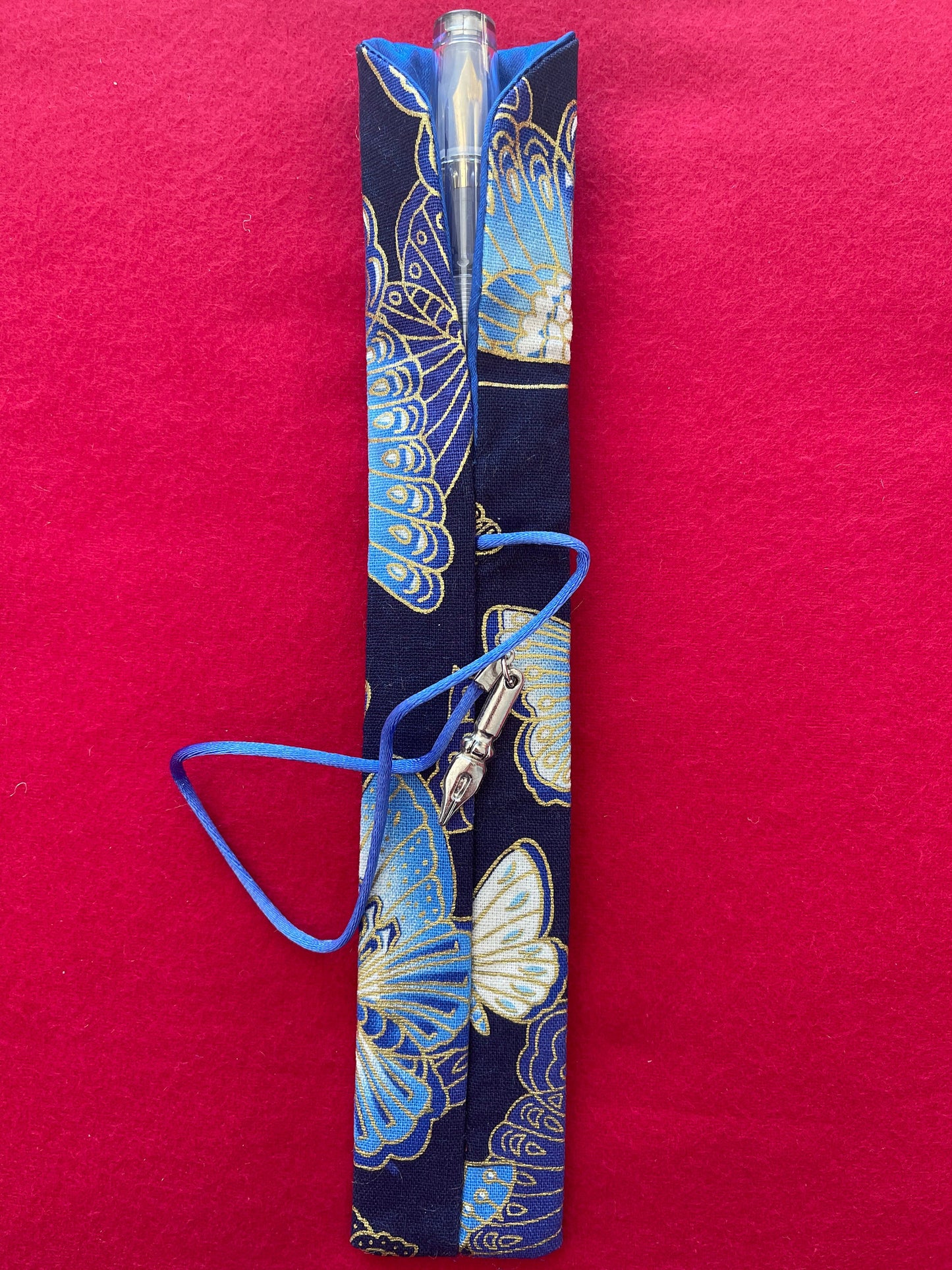 Blue Butterflies - Single Pen Kimono Case with Soft Luxurious Satin Interior