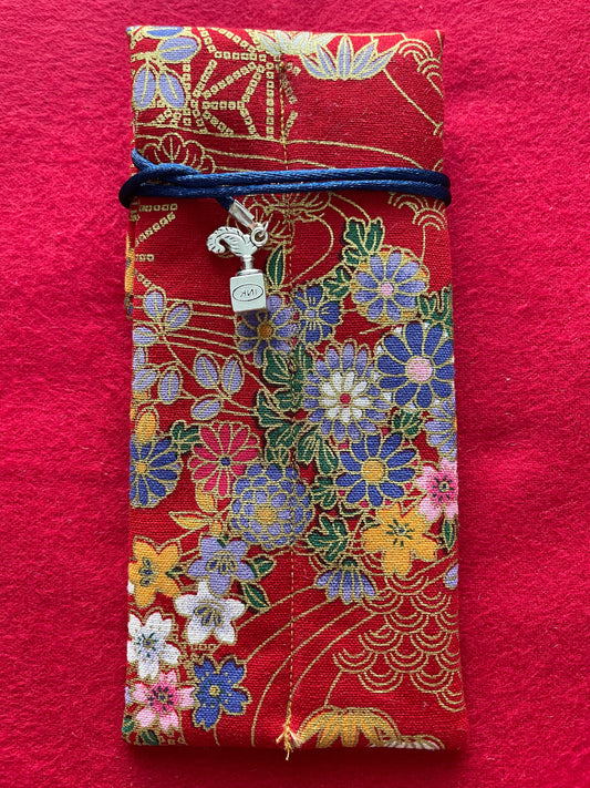Red/Multi Flowers - Double Pen Kimono Case with Soft Luxurious Satin Interior
