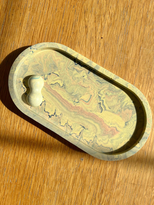 Yellow Swirl Eco-Resin Oval Tray with Pen Rest | Handmade in USA | Water-Resistant