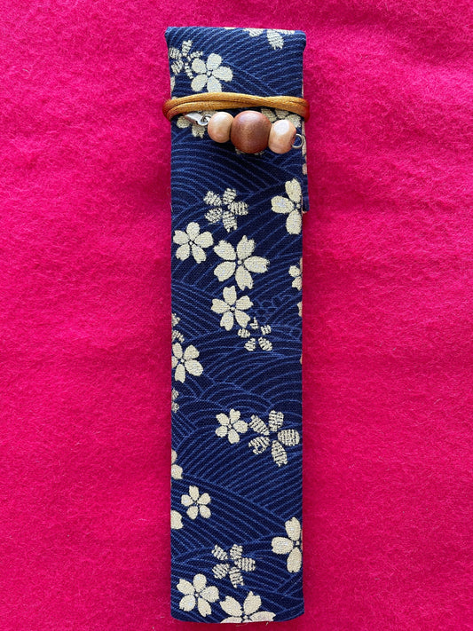 Blue/Gold Sakura - Single Pen Kimono Case with Soft Luxurious Satin Interior