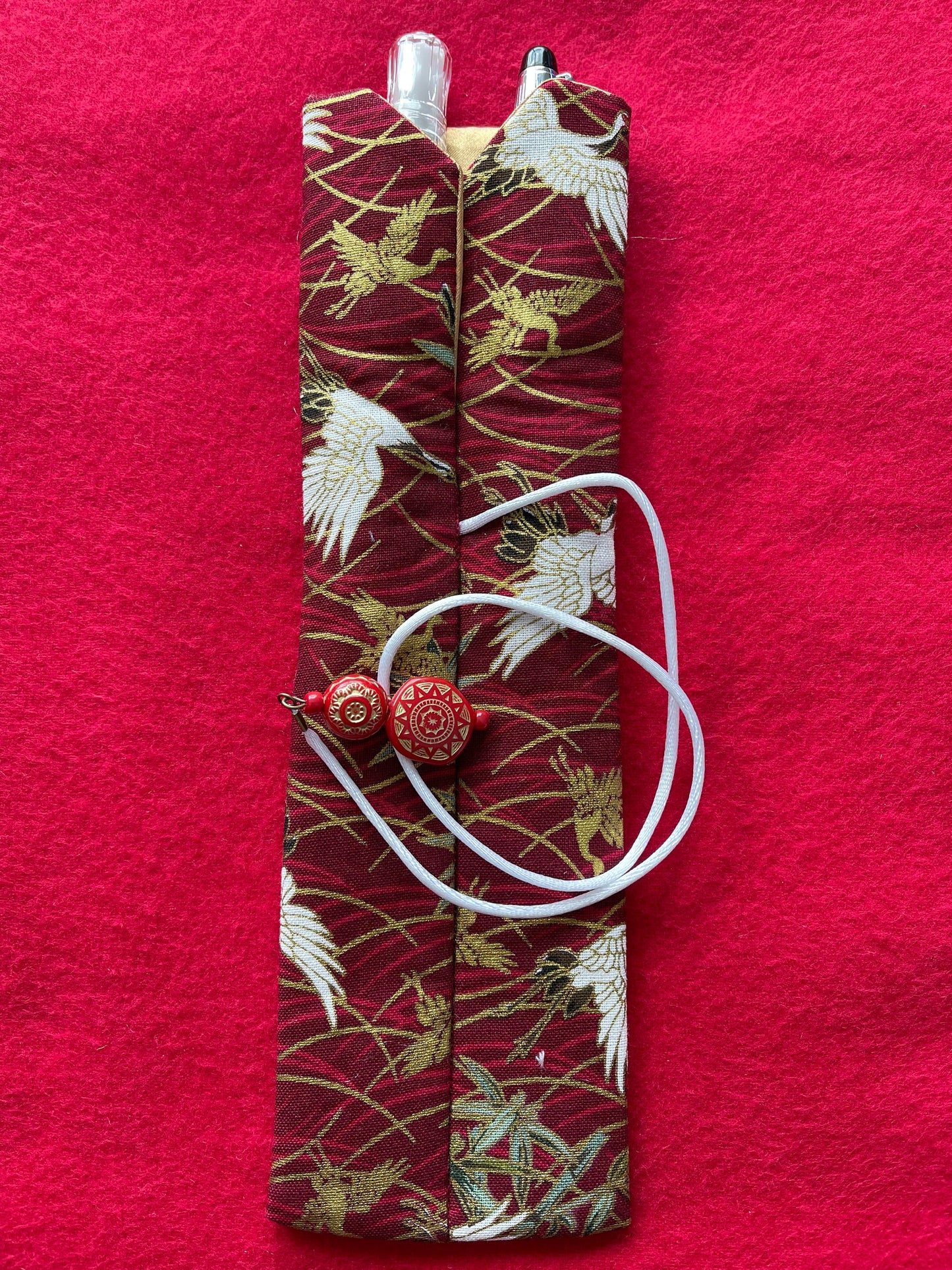 Red Cranes - Double Pen Kimono Case with Soft Luxurious Satin Interior