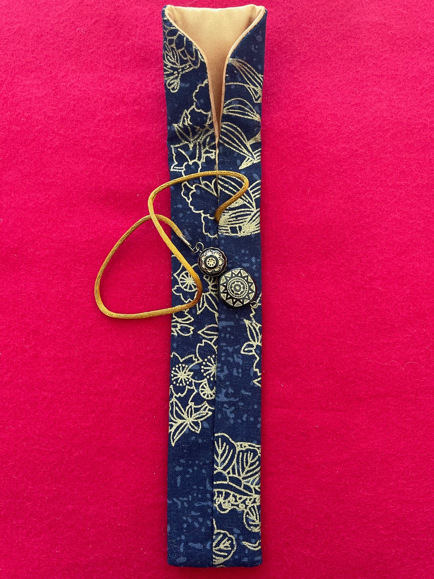 Blue/Gold Flowers - Single Pen Kimono Case with Soft Luxurious Satin Interior