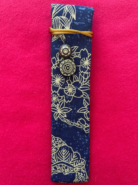 Blue/Gold Flowers - Single Pen Kimono Case with Soft Luxurious Satin Interior