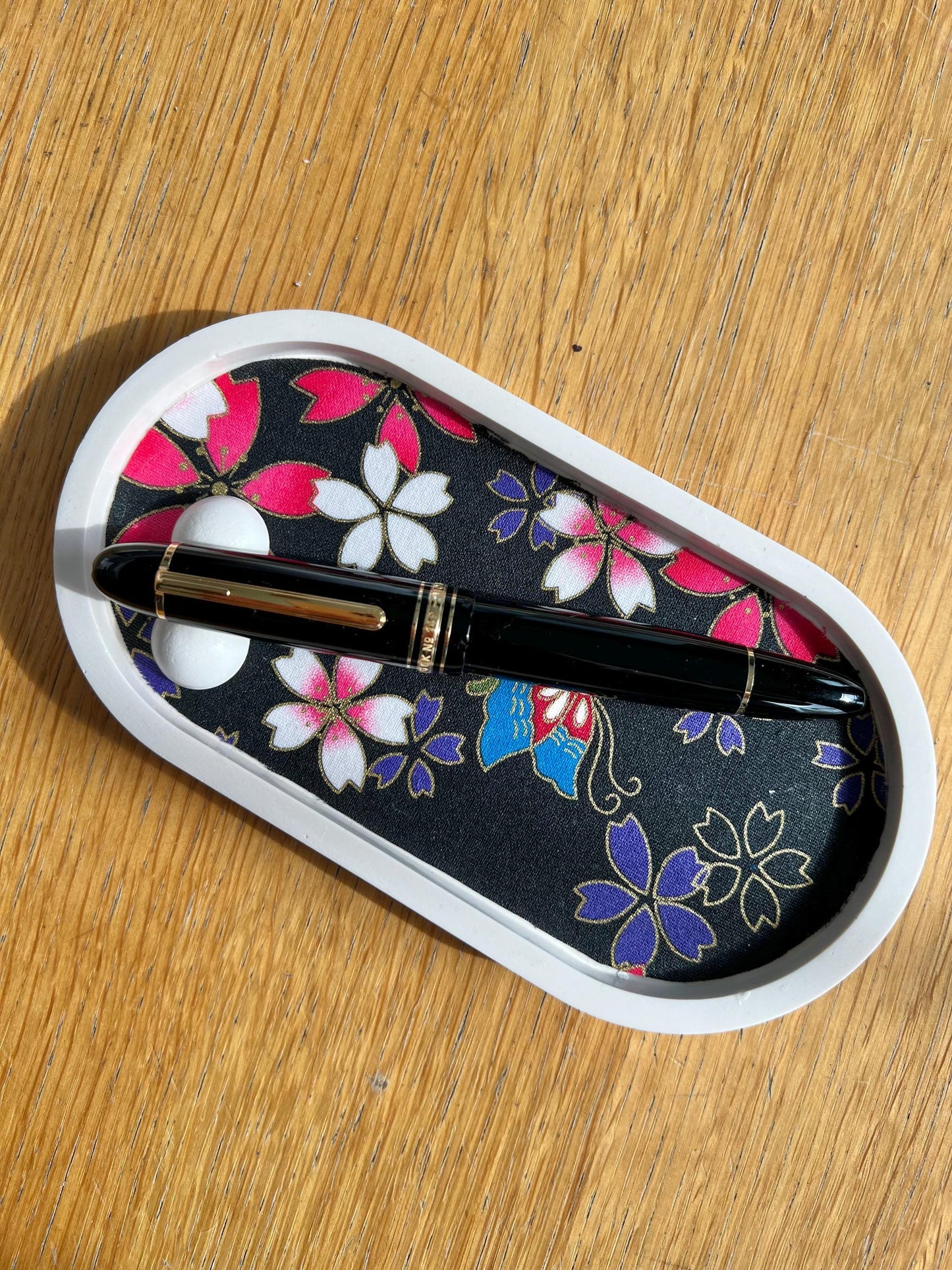 Bright Flowers Eco-Resin Oval Tray with Pen Rest | Japanese Fabric Inlay | Handmade in USA | Water-Resistant