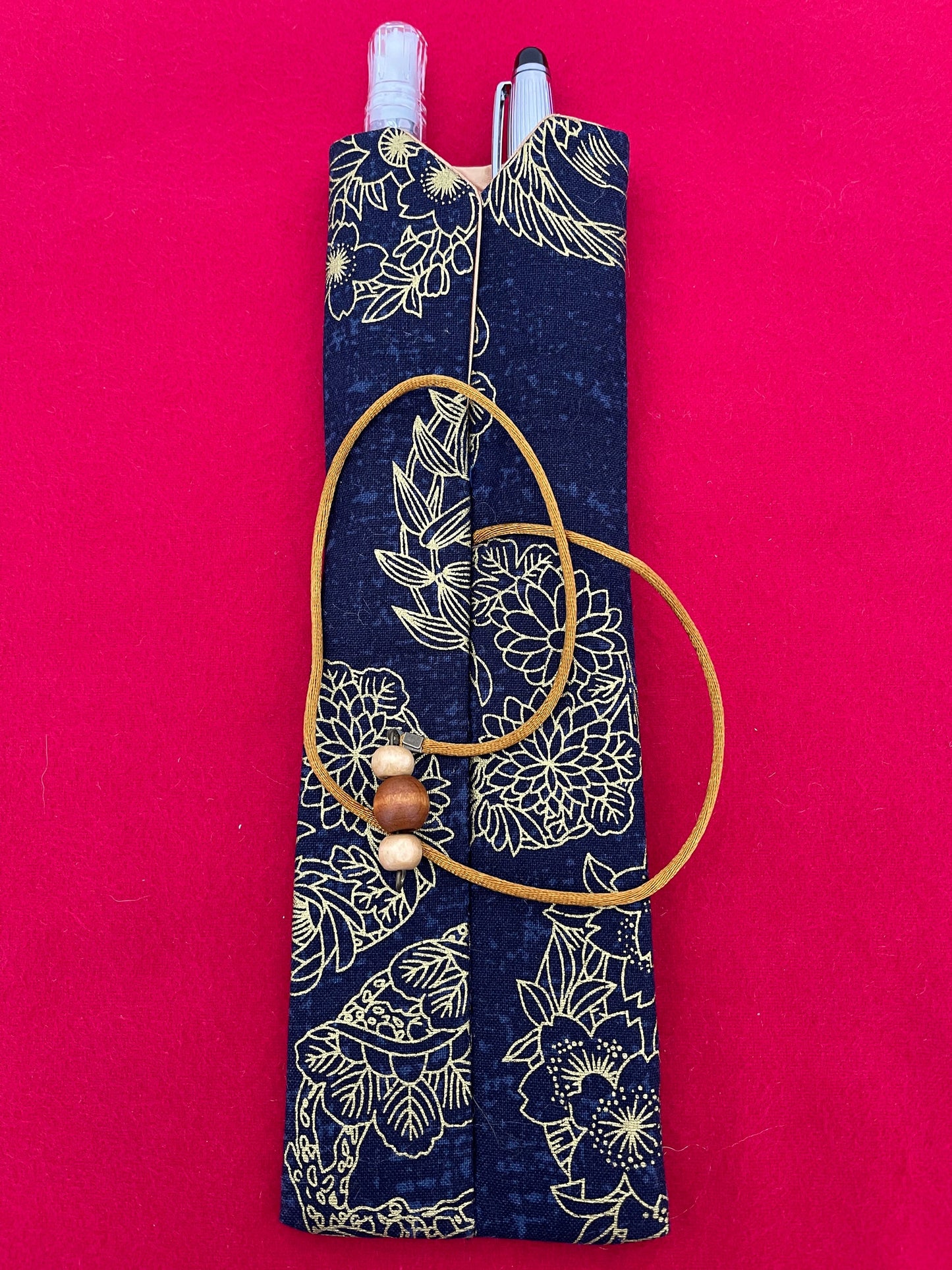 Blue/Gold Flowers - Double Pen Kimono Case with Soft Luxurious Satin Interior