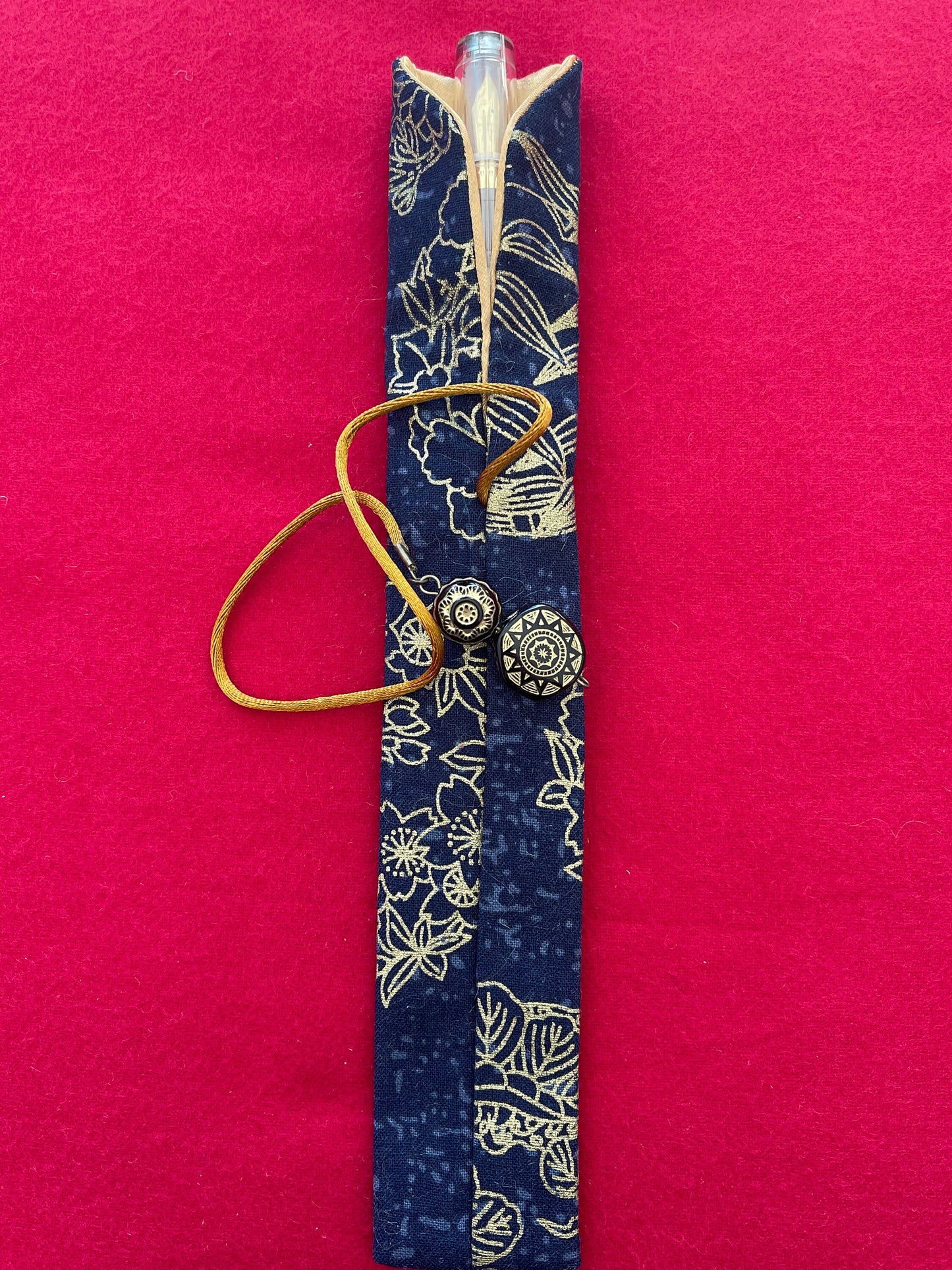 Blue/Gold Flowers - Single Pen Kimono Case with Soft Luxurious Satin Interior