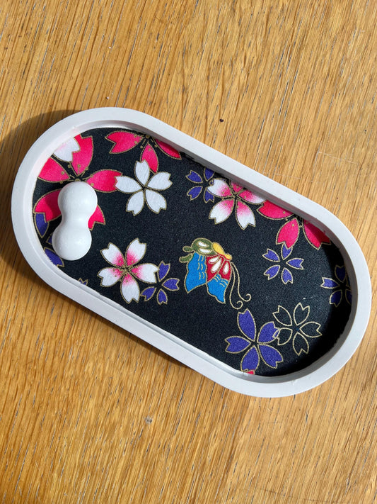 Bright Flowers Eco-Resin Oval Tray with Pen Rest | Japanese Fabric Inlay | Handmade in USA | Water-Resistant