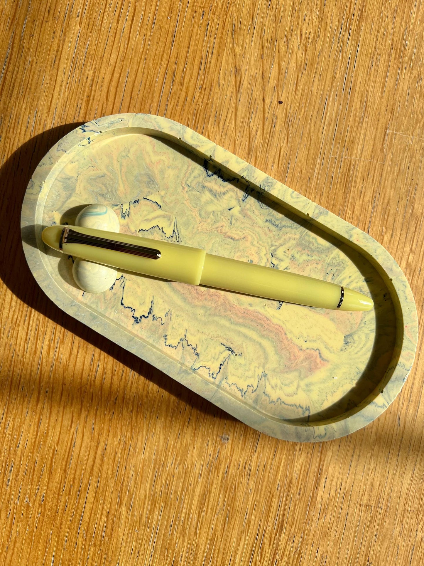 Yellow Swirl Eco-Resin Oval Tray with Pen Rest | Handmade in USA | Water-Resistant