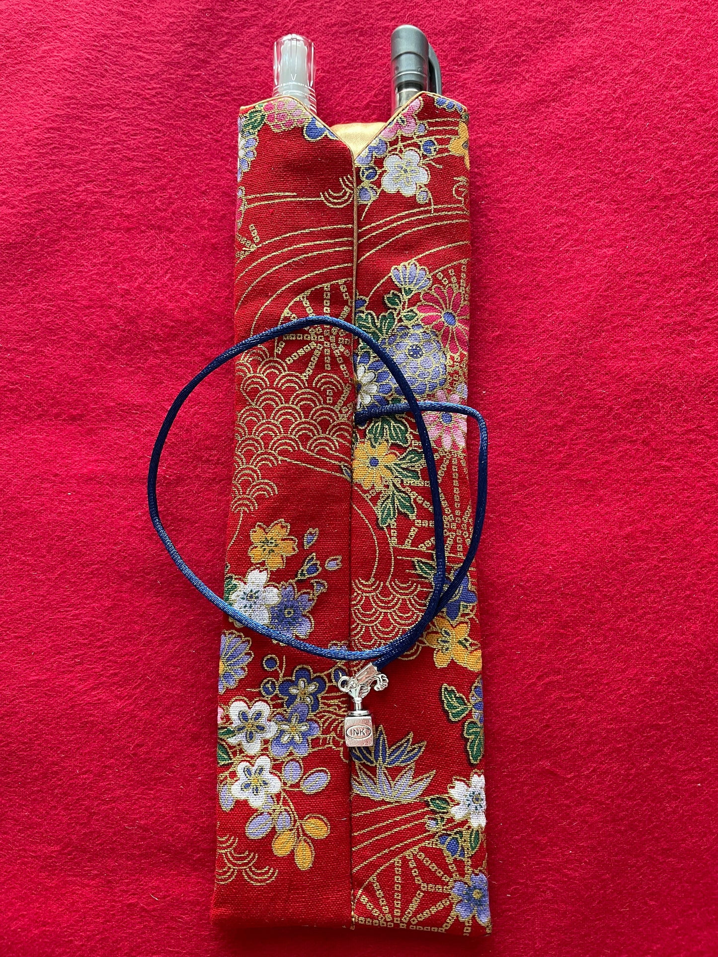 Red/Multi Flowers - Double Pen Kimono Case with Soft Luxurious Satin Interior