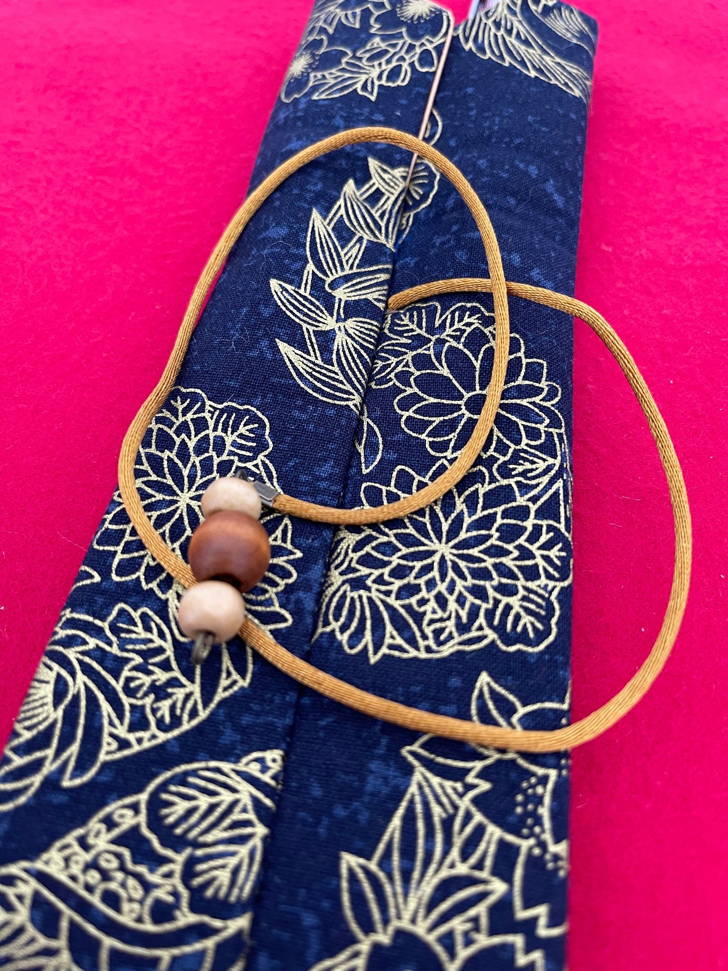 Blue/Gold Flowers - Double Pen Kimono Case with Soft Luxurious Satin Interior