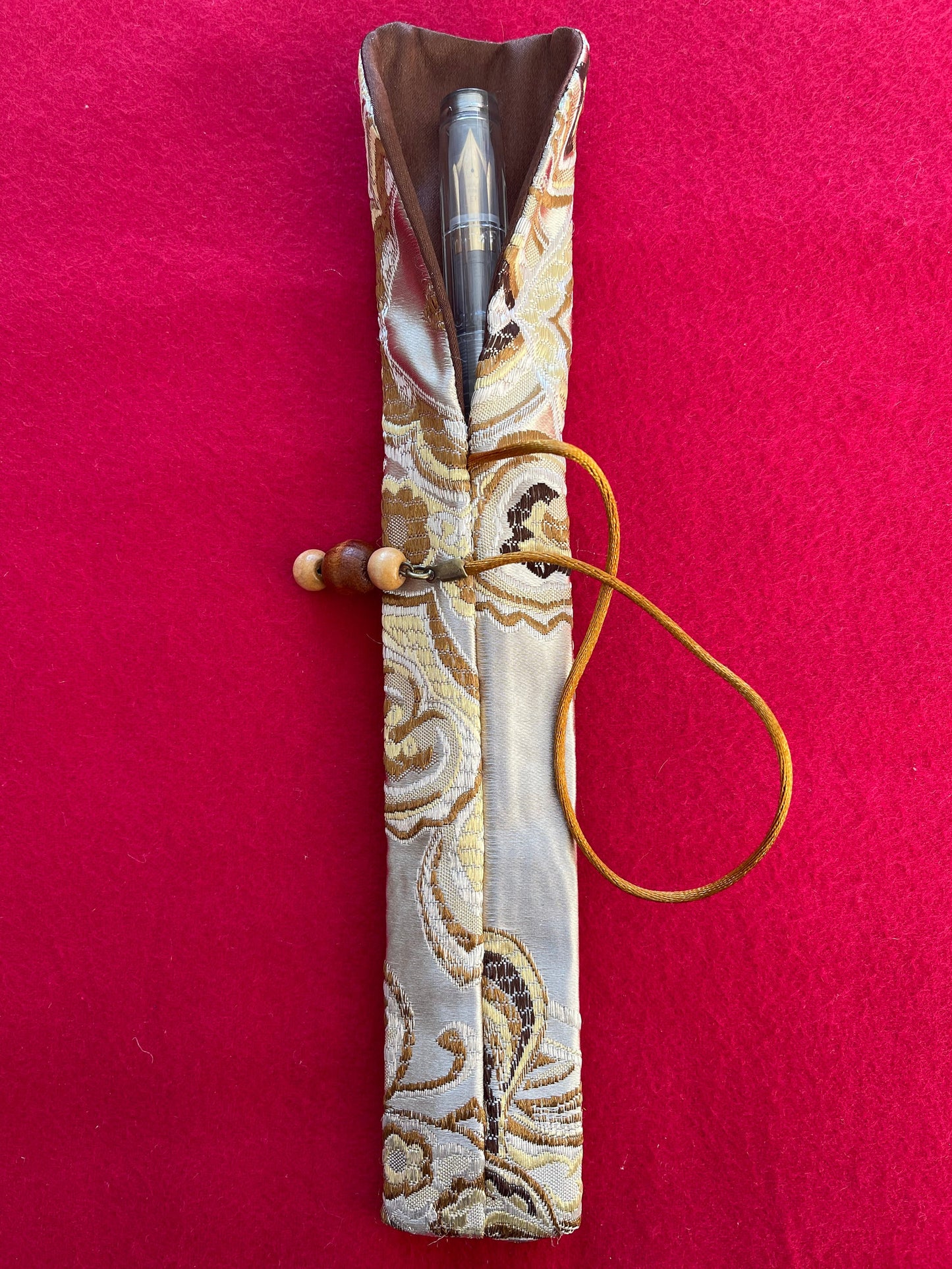 Gold /Brown Brocade Flowers - Single Pen Kimono Case with Soft Luxurious Satin Interior