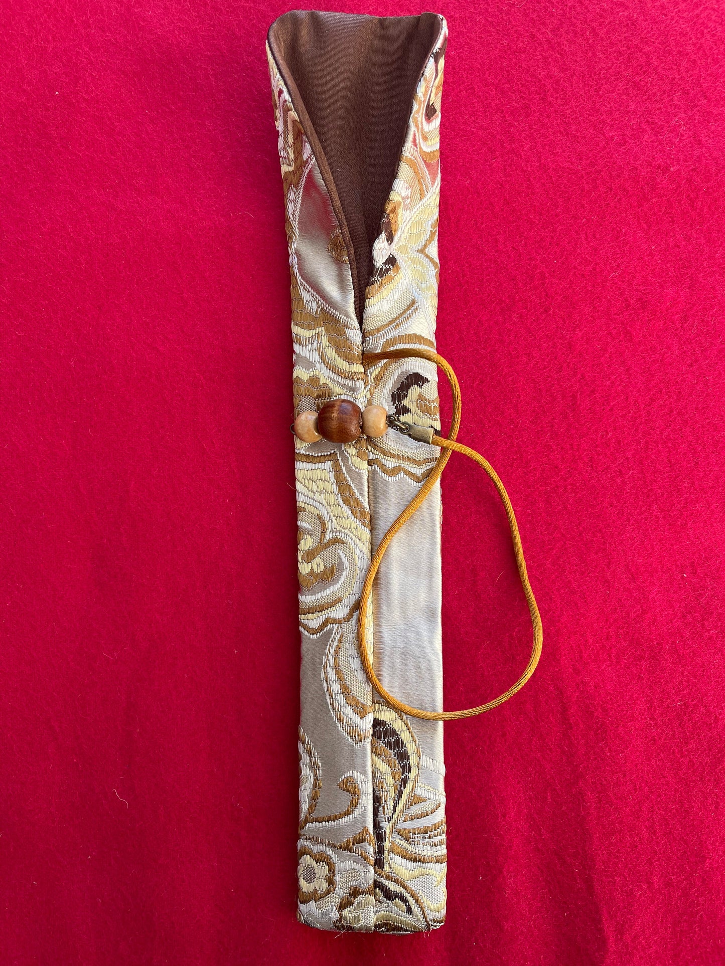 Gold /Brown Brocade Flowers - Single Pen Kimono Case with Soft Luxurious Satin Interior